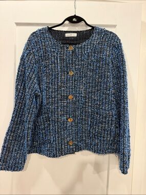 Gallery Blue and Black Ribbed Button Cardigan with Gold Buttons size L